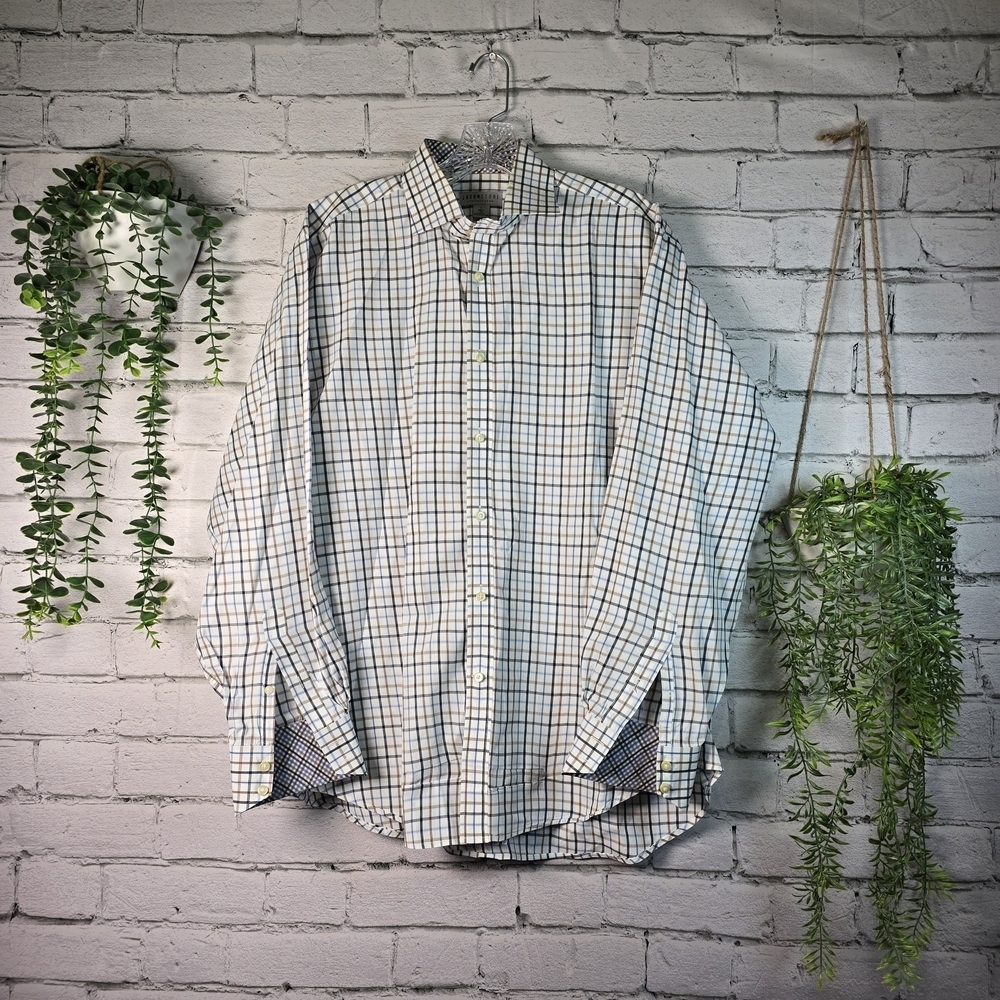 Thomas Dean Men's Checkered Long SL Button-Down Shirt - Blue Brown White Lg M179